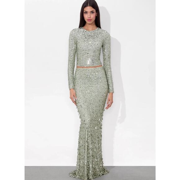 ALICE + OLIVIA Delaina Long Sleeve Sea Green Sequin Crop Top Size Large - Picture 3 of 10